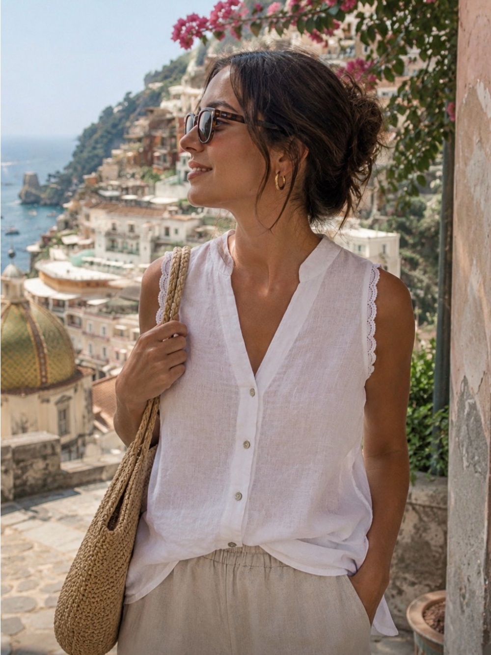 White Sleeveless Linen Button-Front Top